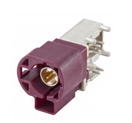 Connecteur mâle FAKRA avec soudure de la broche centrale et sertissage du manchon en cuivre ; fiche à angle droit 99S20D-40MA5-BX (pour PCB) ; rouge.